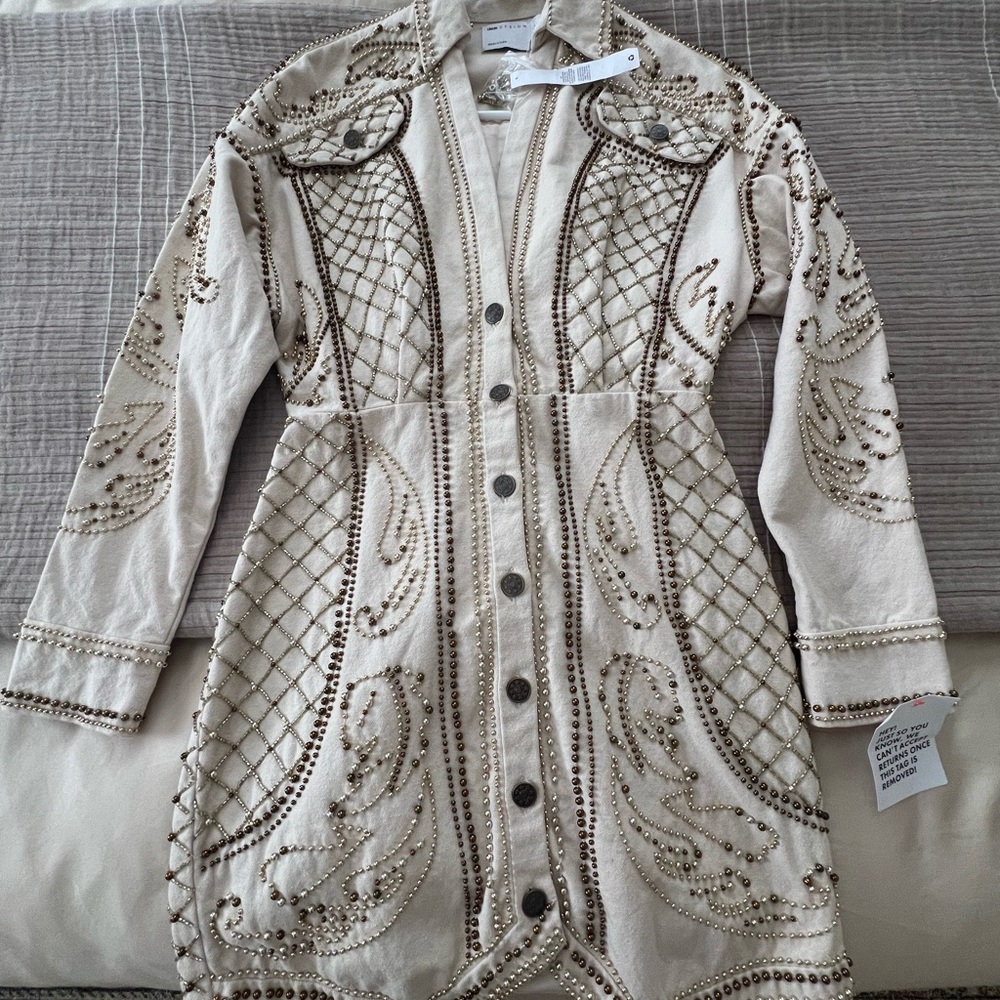 REVOLVE Cream Long Sleeve Dress with Gold Accents